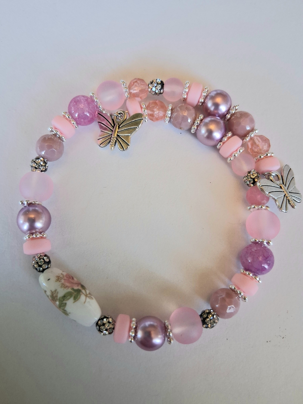 Pink Butterfly Beaded Stretch Bracelet